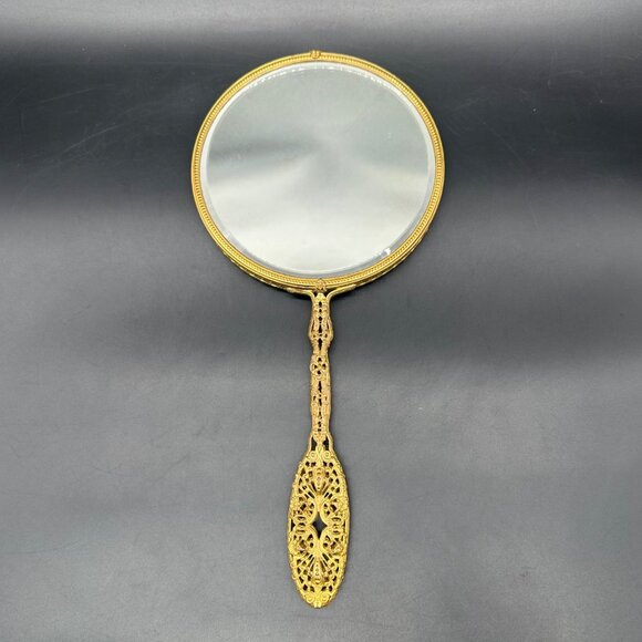 Antique Vanity Hand Mirror Red Velvet Guilloche Enamel Plaque Floral Brass - Picture 3 of 12